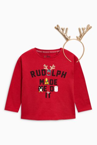 Red Christmas Rudolph T-Shirt And Headband Set (3-16yrs)